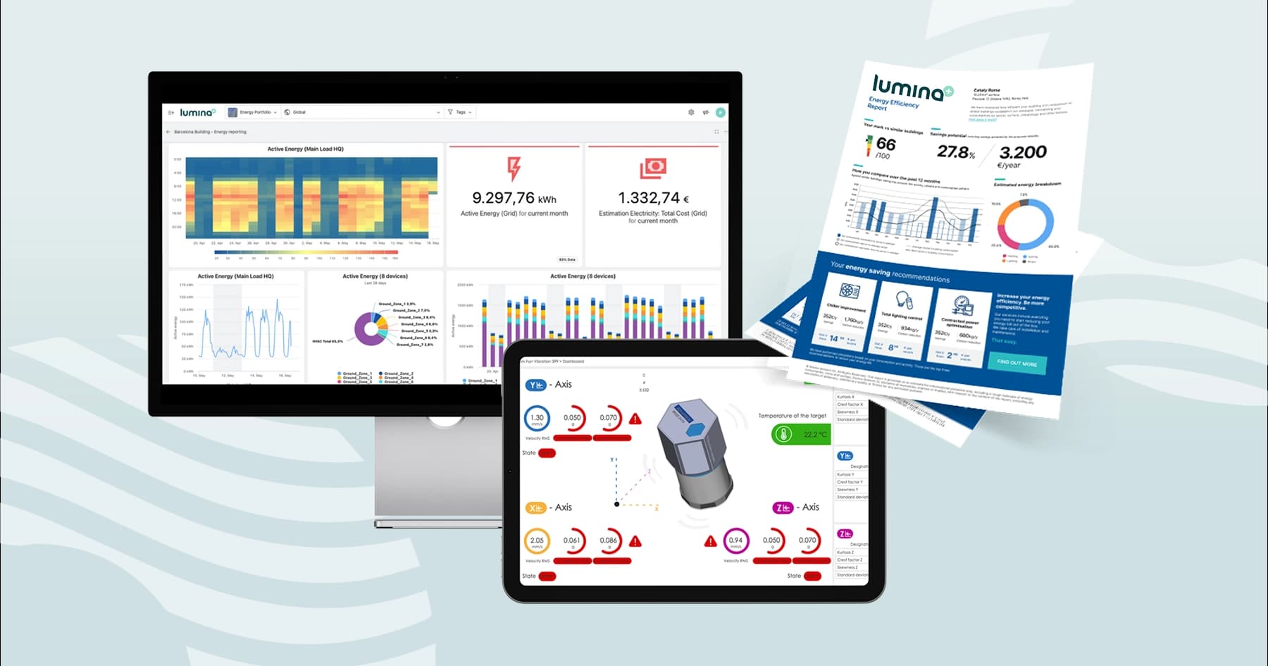 Lumina+ platform — energy dashboard and IoT monitoring on desktop and tablet